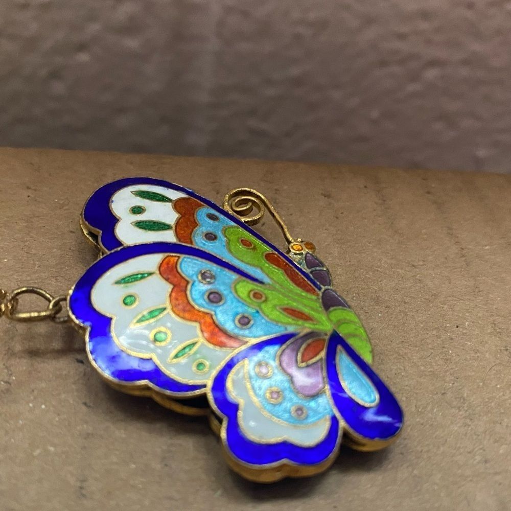 70s butterfly pendant gold tone necklace cloisonne enamel blue green vintage EUC - Picture 11 of 14